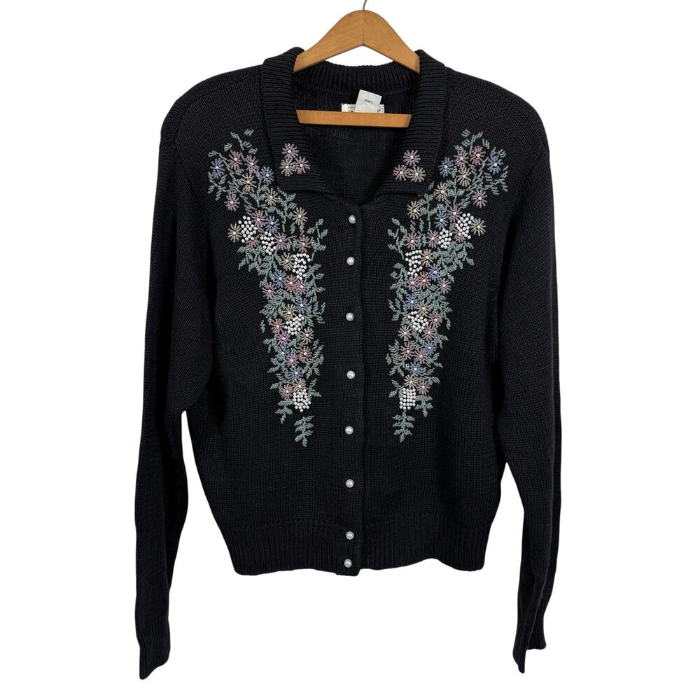 Yarnworks Women Embellished Cardigan Sweater Size Large Beaded Cottage Feminine